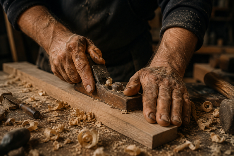 Mani sporche che lavorano il legno.