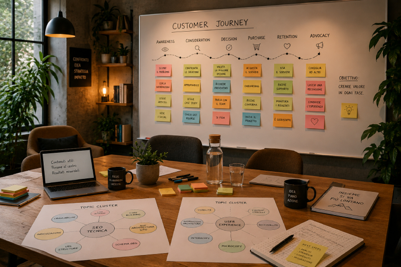 Siamo in una sala riunione dove sulla lavagna è presente una Customer Journey e sulla scrivania varie proposte di Topic Cluster.