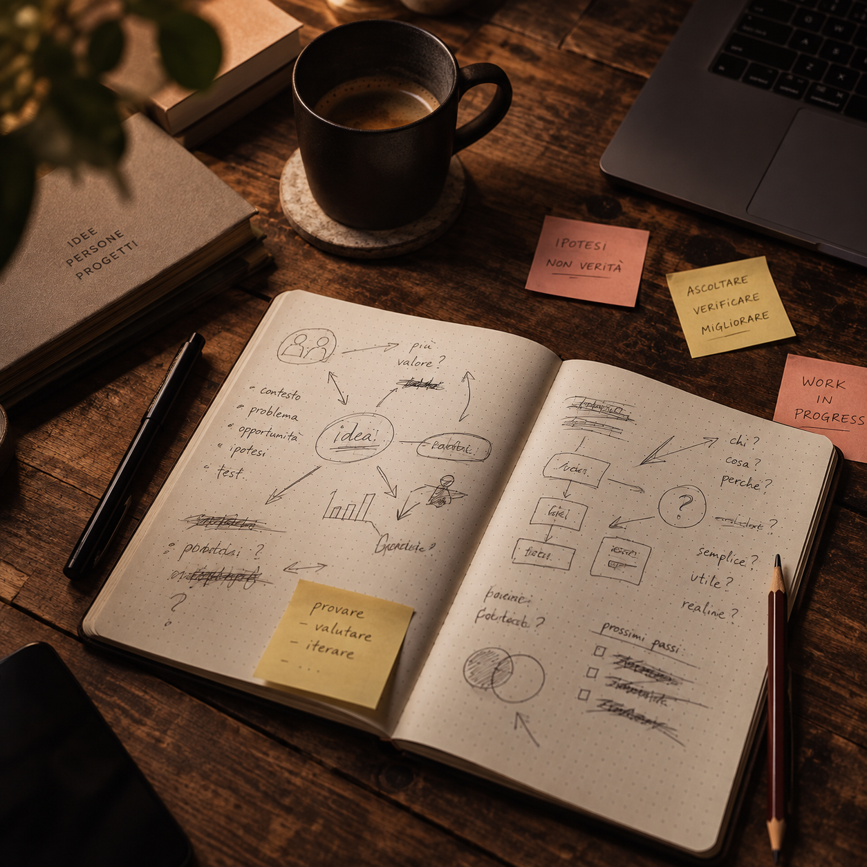 Siamo in una sala riunione dove sulla lavagna è presente una Customer Journey e sulla scrivania varie proposte di Topic Cluster.