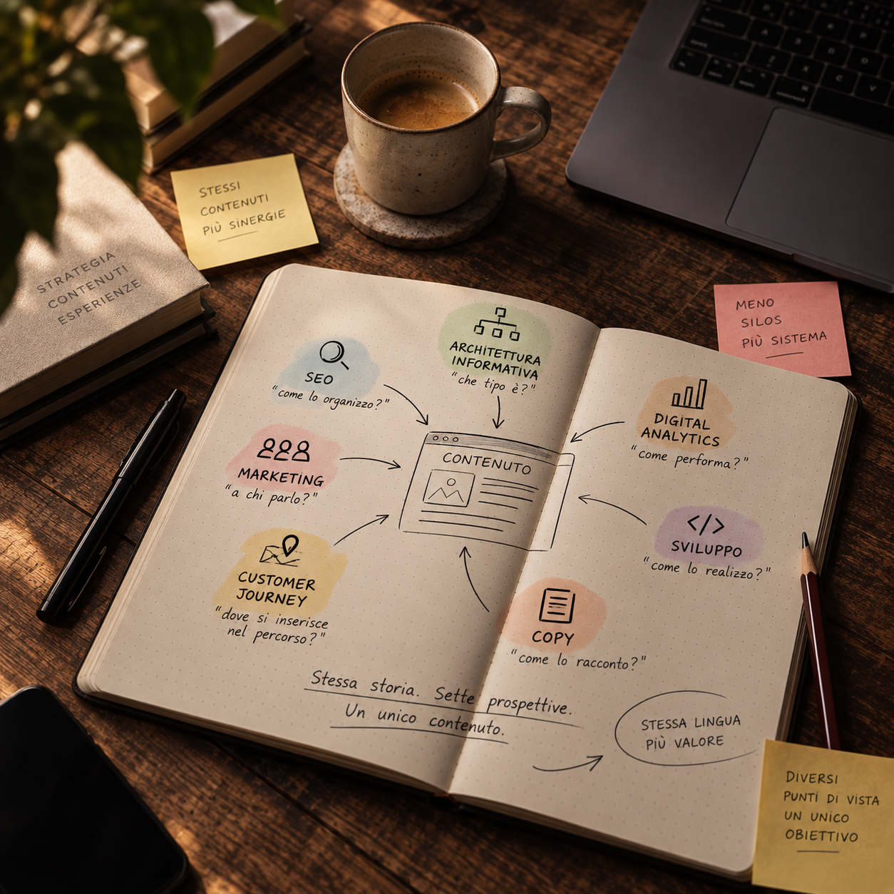 Siamo in una sala riunione dove sulla lavagna è presente una Customer Journey e sulla scrivania varie proposte di Topic Cluster.