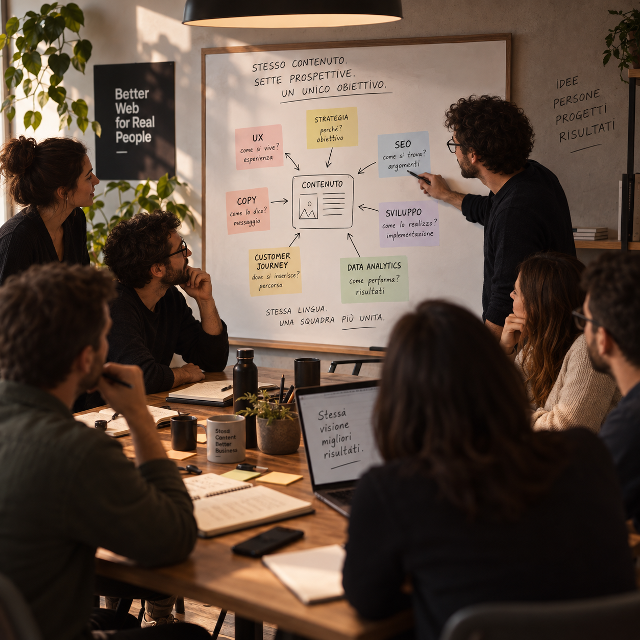 Siamo in una sala riunione dove sulla lavagna è presente una Customer Journey e sulla scrivania varie proposte di Topic Cluster.